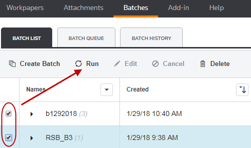Screen capture showing how to select a batch and select the Run button.